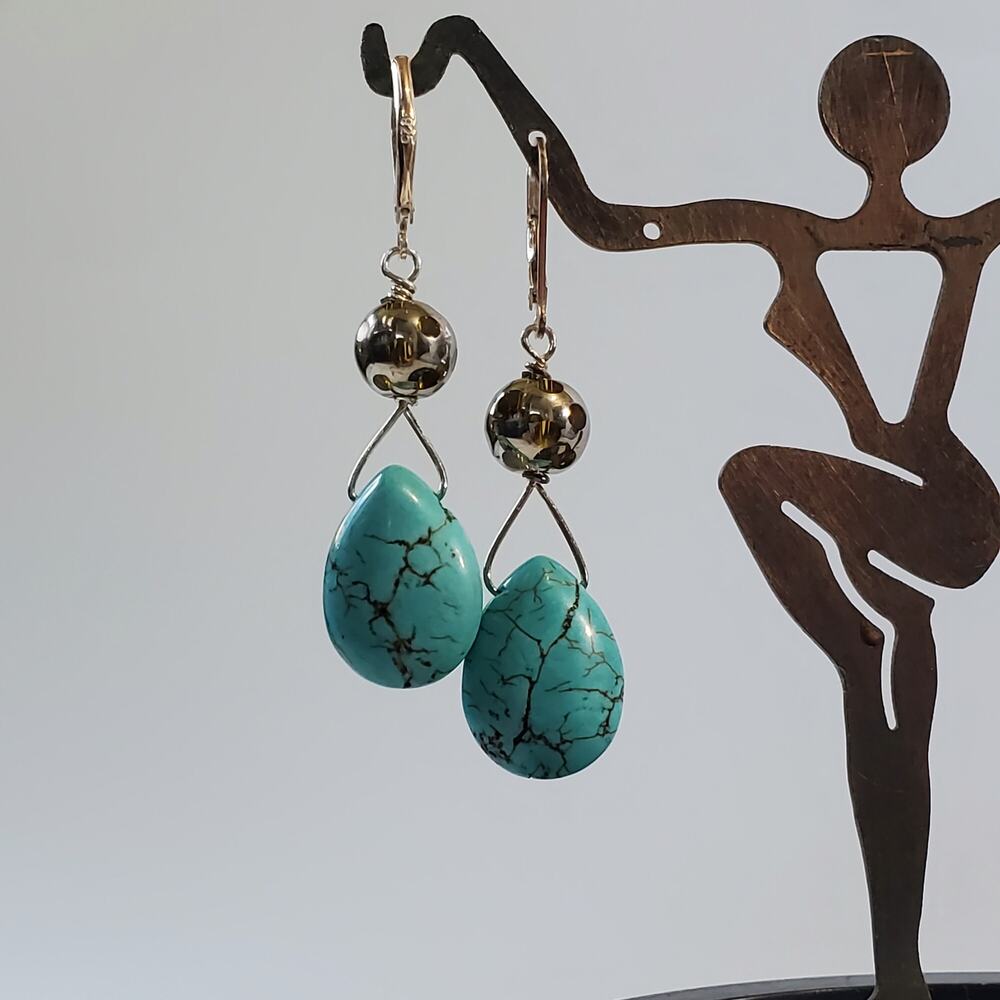 Teardrop Shaped Turquoise Sterling Silver Lever Back Earrings